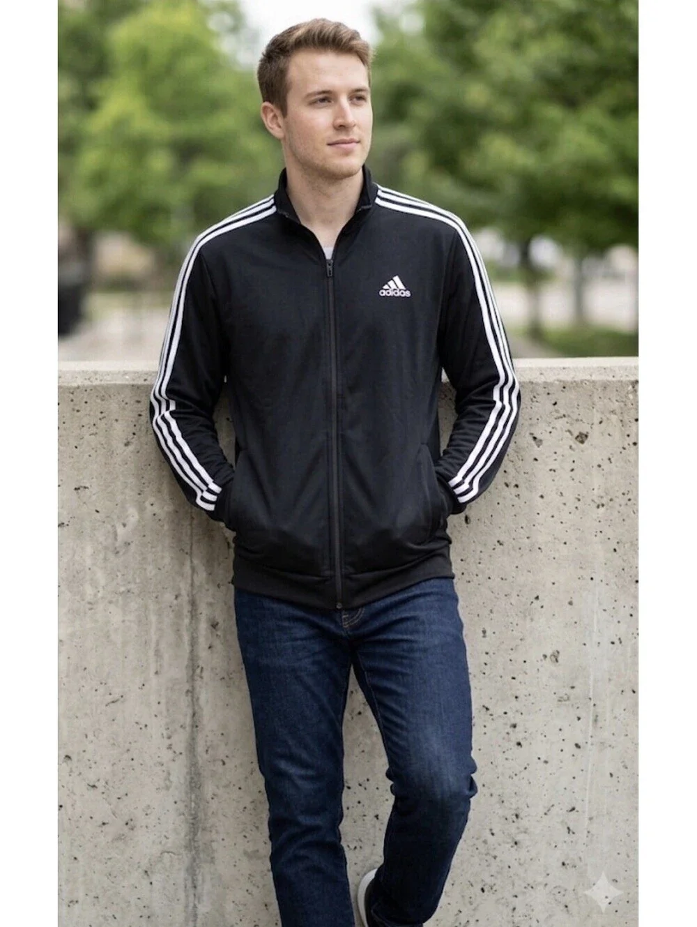 Adidas Men's Essentials 3-Stripes Tricot Track Jacket Black White Size Large